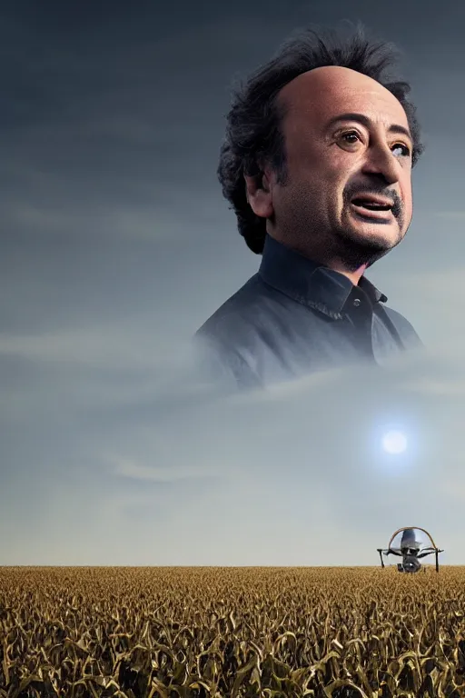 Image similar to Giorgio A. Tsoukalos abducted by aliens in a corn field,photo realistic,sci-fi,mistery,8k,unreal engine,octane render