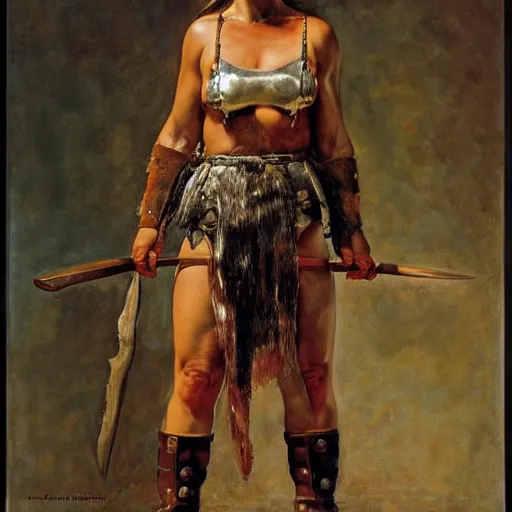 Prompt: portrait of a savage muscular barbarian female with light leather armor, by norman rockwell