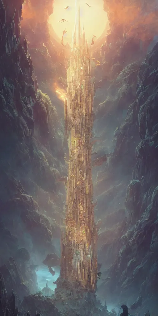 Prompt: a colossal wizard tower, stephen bliss, unreal engine, fantasy art by greg rutkowski, loish, rhads, ferdinand knab, makoto shinkai and lois van baarle, ilya kuvshinov, rossdraws, tom bagshaw, alphonse mucha, global illumination, radiant light, detailed and intricate environment