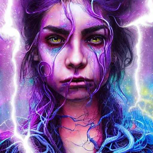 Image similar to detailed photo portrait of a furious teen girl with thin, hair-like purple tentacles on her head and bright purple eyes, 8k,by tristan eaton, Stanley Artgermm,Tom Bagshaw,Greg Rutkowski,Carne Griffiths,trending on DeviantArt, face enhance,hyper detailed ,full of colour, dramatic lightning