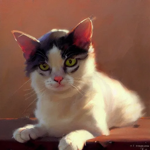 Image similar to greg manchess painting of of a cute cat, painting, trending on artstation, by huang guangjian and gil elvgren and sachin teng