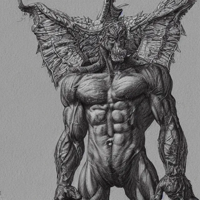 Image similar to highly detailed ballpoint pen illustration of a muscular gargoyle man standing on top of a building