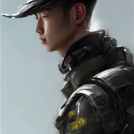 Image similar to Portrait of a man by Greg Rutkowski, he is about 20 years old, korean, short black hair, young, manly, attractive, tall and slim, smart looking, he is wearing futuristic military fatigues, highly detailed portrait, scifi, digital painting, artstation, concept art, smooth, sharp foccus ilustration, Artstation HQ