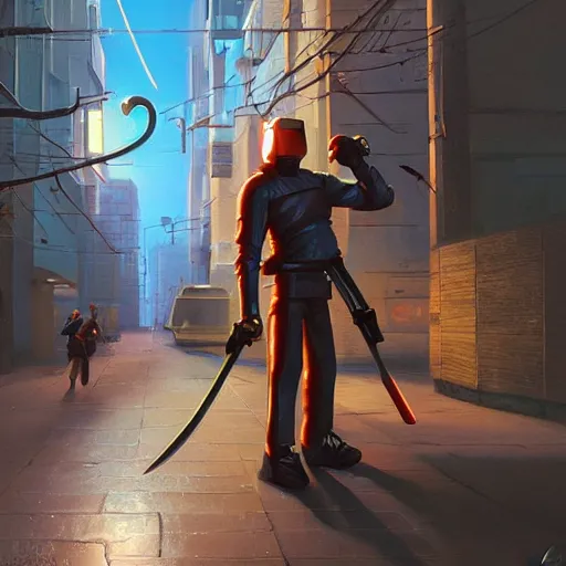 Image similar to An android with akimbo katanas by Evgeny Lushpin, cyberpunk, Trending on Artstation, 1980s computer graphics,