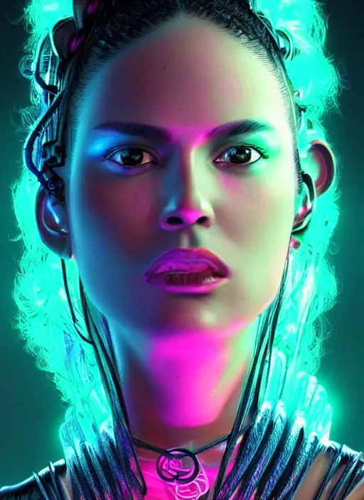 Prompt: a hispanic female humanoid with braided hairstyle, cyber neon lighting, futurism, cyberpunk high fashion, glamor profile pose, hyper photorealistic, intricate futuristic jewelry details, crispy quality, digital photography, trending in artstation, trending in pinterest, cinematic, 4 k ultra hd, art by pascal blanche, art by artgerm, art by greg rutkowski,