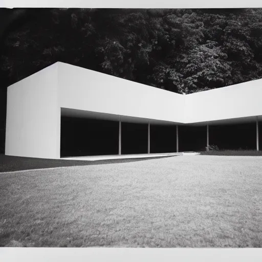 Prompt: white house by ludwig mies van der rohe in the tropical wood, mystic, melancholy, pinhole analogue photo quality, lomography, scratches on photo, monochrome