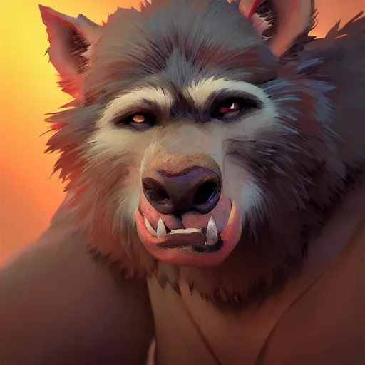 Image similar to Portrait of a Gnoll, mattepainting concept Blizzard pixar maya engine on stylized background splash comics global illumination lighting artstation lois van baarle, ilya kuvshinov, rossdraws