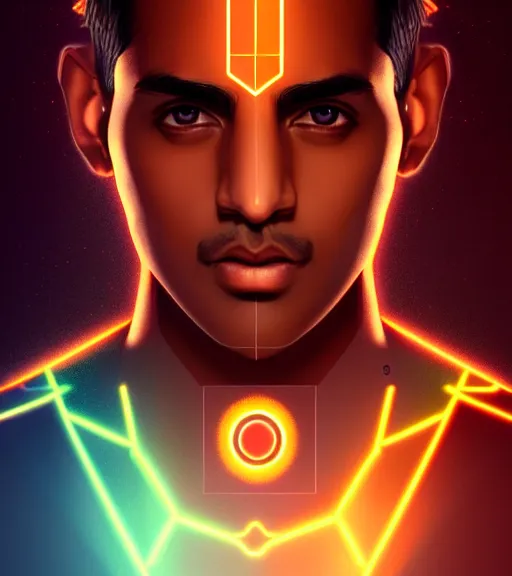 Image similar to symmetry!! indian prince of technology, solid cube of light, hard edges, product render retro - futuristic poster scifi, lasers and neon circuits, brown skin handsome indian prince, intricate, elegant, highly detailed, digital painting, artstation, concept art, smooth, sharp focus, illustration, dreamlike, art by artgerm