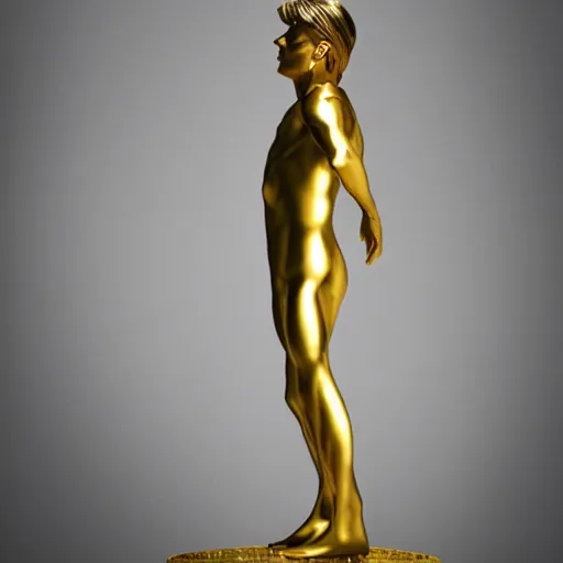 Prompt: Golden sculpture of David Bowie. Minimalism, high definition, perfect composition. Volumetric Lighting.