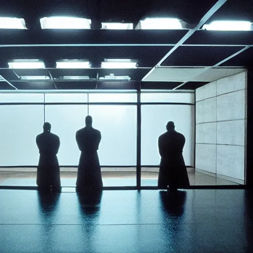Prompt: a large futuristic dojo, shot by roger deakins, night time, dim cinematic lighting, low ceiling, david fincher movie