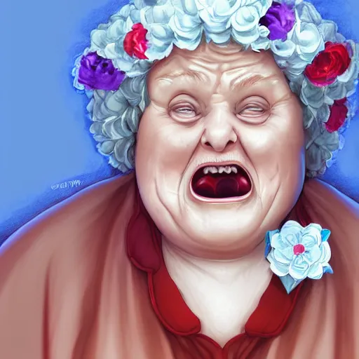 Image similar to of a very funny ambient occlusion render. a sweet fat old woman is in love with her self. flowery dress. symmetrical face, red mouth, blue eyes. deep focus, lovely scene. ambient occlusion render. concept art. unreal engine. pencil and ink. goya painting style.