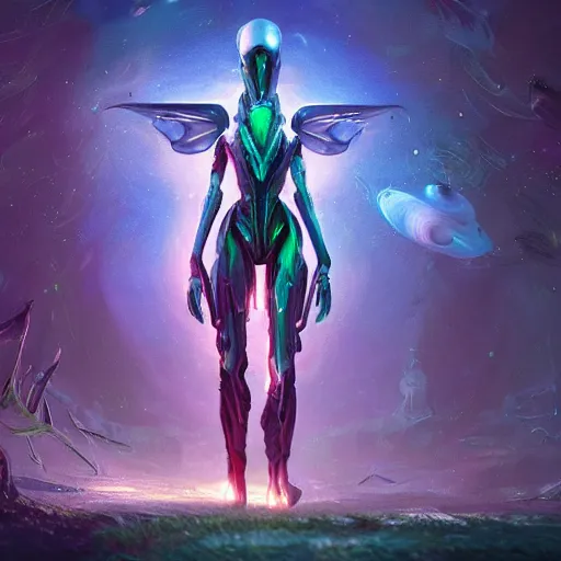 Prompt: ultra realistic illustration of android fairy, alien homeworld, swamps, advanced technology, warframe, special effects, colorful lights, space ship in the distance, intricate, highly detailed, digital painting, artstation, concept art, smooth, sharp focus, illustration, art by artgerm and tim mcburnie and anato finnstark