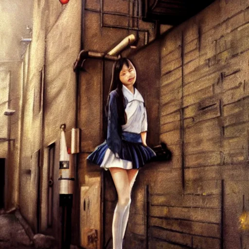 Image similar to a perfect, realistic professional oil painting of a Japanese schoolgirl posing in a dystopian alleyway, close-up, by a professional American senior artist on ArtStation, a high-quality hollywood-style concept