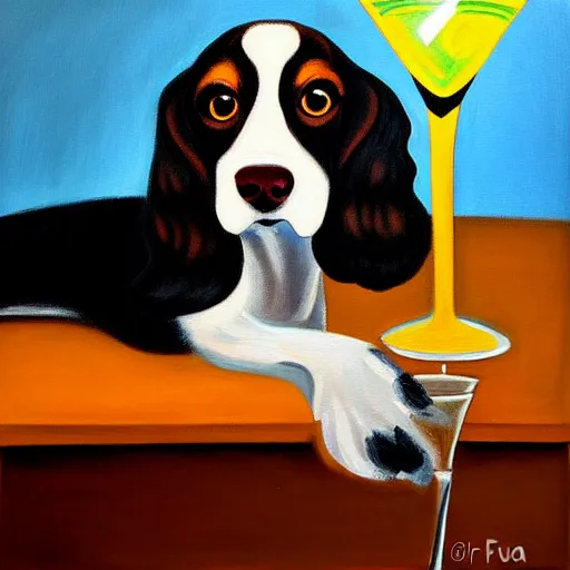 Image similar to a painting of a spaniel at the bar with a Martini, style mila furstova, light effect
