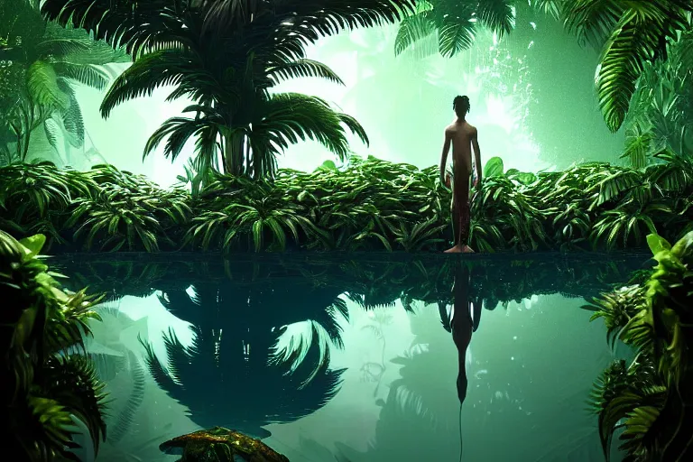 Image similar to creature in a lush tropical vegetation, water reflection, night, backlit : : by michal karcz, daniel merriam, victo ngai and guillermo del toro : : ornate, dynamic, particulate, intricate, elegant, highly detailed, centered, artstation, smooth, sharp focus, octane render, 3 d