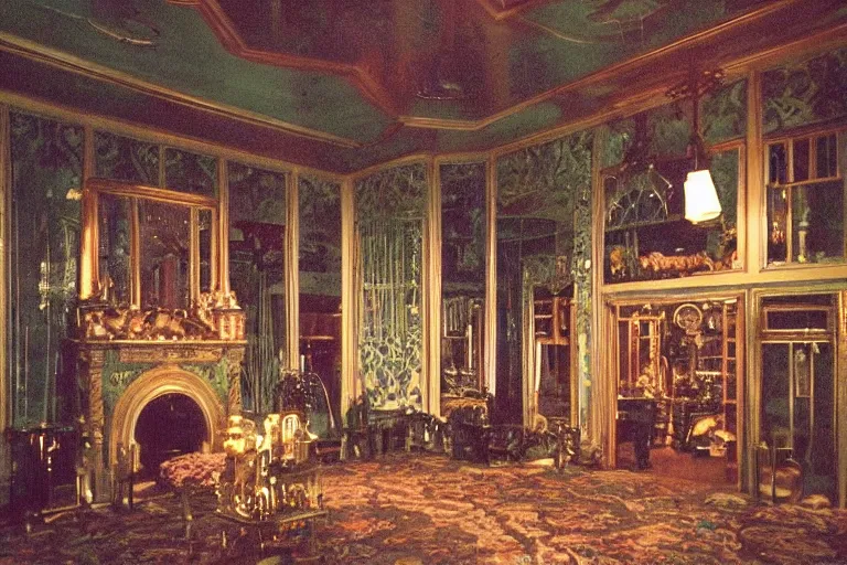 Image similar to full - color 1 9 7 0 s photo of the interior of a spooky elegant mansion at night. the interior architecture and layout are illogical, surreal, bizarre, complicated, and labyrinthine. there is a faintly - visible victorian ghost lurking. highly - detailed high - resolution photography.