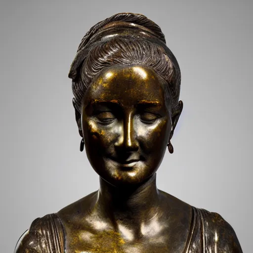 Prompt: detailed photo of an old bronze patina statue of a woman bust, intricate detail, museum lighting