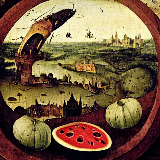 Image similar to A painting of a levitating giant watermelon, sliced in half, with a medieval town on it, above a sea of clouds by Hieronymus Bosch