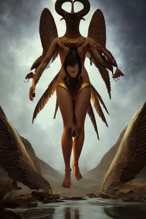 Prompt: rendering by octane, unreal engine, aesthetic, full body skin Egyptian god with an eagle head, animalistic Face like a eagle, realistic feathers, realistic eagle beak , microdetail, in the style of Charlie Bowater and Waterhouse, symmetrical, cinematic lighting, elegant, oil painting, cinematic, portrait, Raphaelite, magical background, magical realism, body shot