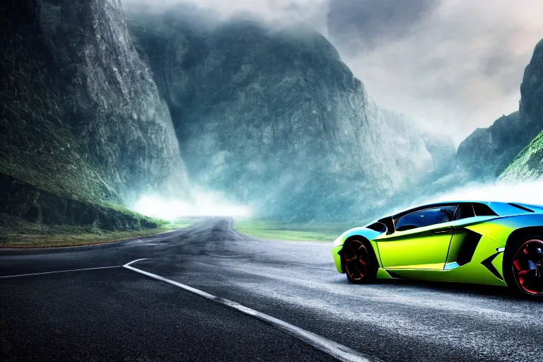 Image similar to a cinematic photograph of a lamborghini aventador driving through a vast mountainous landscape whilst neon lightening strikes on the car, rain falls, ultra realistic, high definition