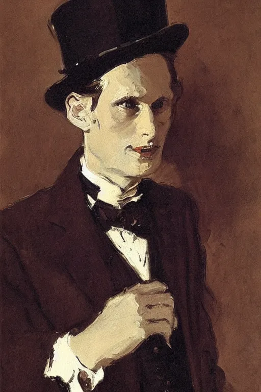 Prompt: portrait of alexander skarsgard as a gentleman wearing an edwardian suit and top hat by walter sickert, john singer sargent, and william open