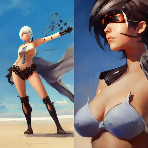 Image similar to greg manchess portrait painting of 2 b nier automata as tracer from overwatch in a bikini on the beach, organic painting, sunny day, matte painting, bold shapes, hard edges, street art, trending on artstation, by huang guangjian and gil elvgren and sachin teng