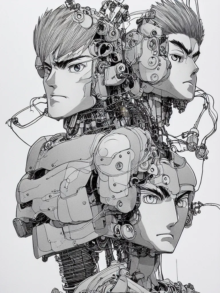 Prompt: prompt: Fragile looking portrait, portrait face drawn by Katsuhiro Otomo, accurate full body character drawing, inspired by Evangeleon and Akira 1988, cyborg and wire details, clean ink detailed line drawing, intricate detail, manga 1990, golden ration composition