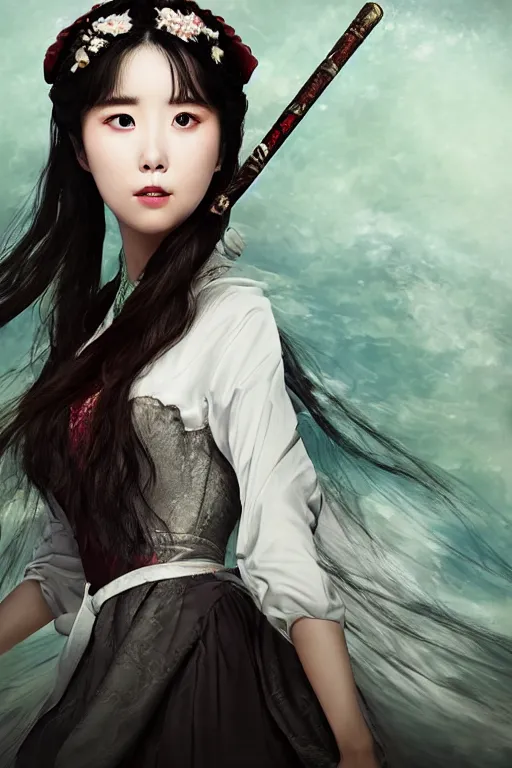 Prompt: Portrait of a Beautiful IU from Hotel del Luna as a ninja, unreal engine, detailed face, rule of thirds, captivating and enticing, , by James Jean