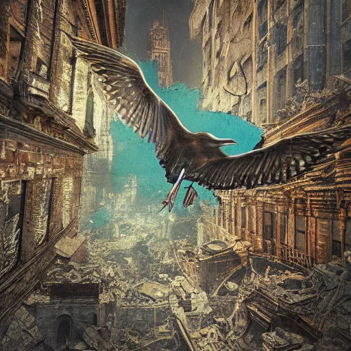 Image similar to bird flying through the center of a post apocalyptic radiated ruined city, surrealism, deep aesthetic, abstract realism, highly ornate intricate details, 1 9 2 0's colored pencil, 4 k, cinematic lighting,