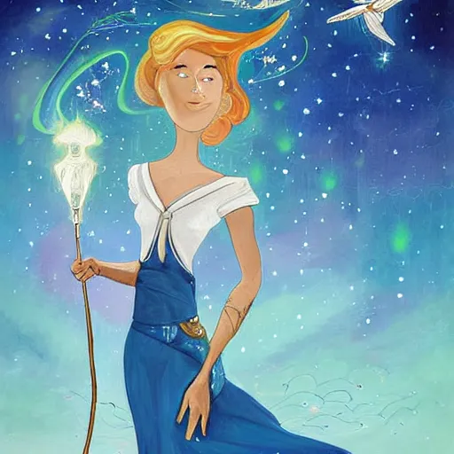 Prompt: The painting features a woman with wings made of stars, surrounded by a blue and white night sky. The woman is holding a staff in one hand, and a star in the other. She is wearing a billowing white dress, and her hair is blowing in the wind. Dexter's Lab by Anton Fadeev manmade