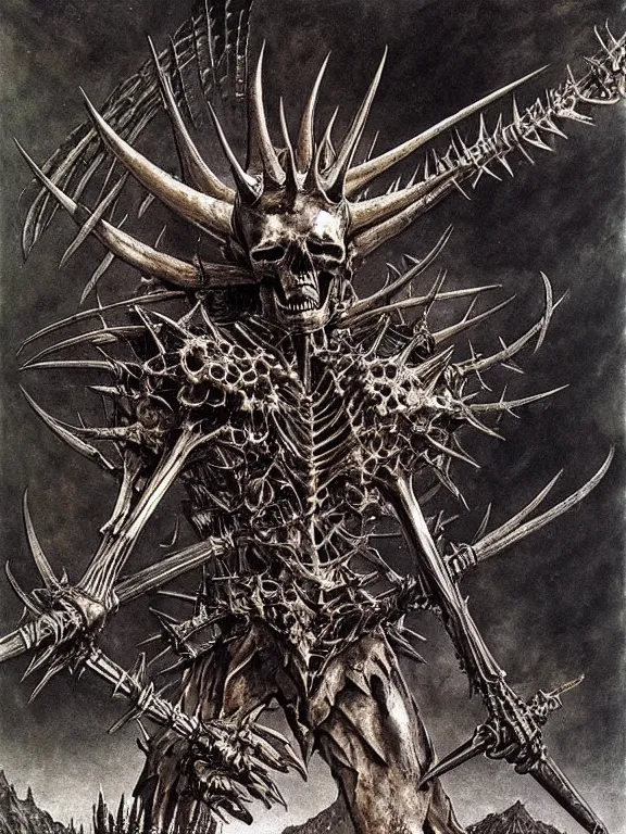 Image similar to A spiky horned skeleton with armored joints stands with a huge two-handed weapon. Extremely high detail, realistic, fantasy art, solo, bones, masterpiece, saturated colors, tangled, ripped flesh, art by Zdzisław Beksiński, Arthur Rackham, Dariusz Zawadzki