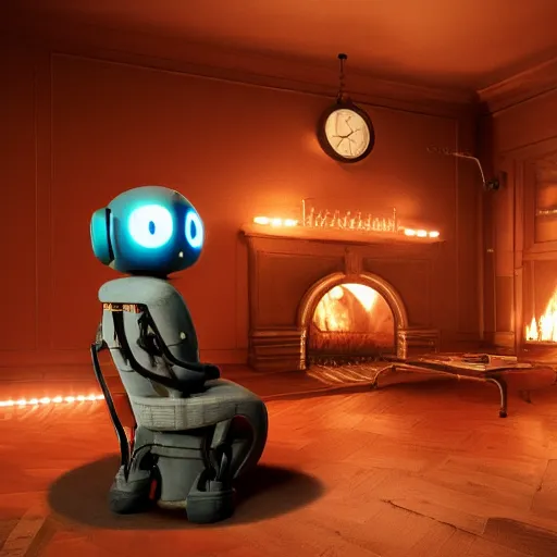 Image similar to Lonely and depressed robot sitting on a couch in front of a large fireplace in a Victorian home in the future. octane render, extremely detailed, 10000K color temperature cinematic lighting, 8k, lens flare, cinematic movie photograph, closeup portrait, trending on artstation, cgsociety, award-winning art, by Simon Stalenhag.