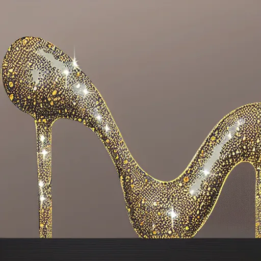 Prompt: High heels, extremely futuristic, extreme curves, metallic, wild lines, with sparkling gems on top, realistic, showcased on a shelf, high detail, photo-realistic, shining