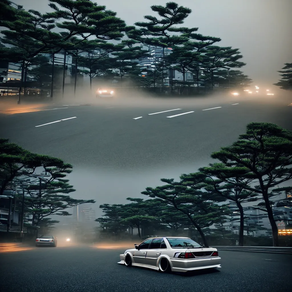 Prompt: car in center JZX100 twin turbo drift on a road, surrounded by trees and buidlings in Tokyo prefecture, rooftops are Japanese architecture, city at sunset heavy mist over streetlights, cinematic lighting, photorealistic, detailed wheels, highly detailed