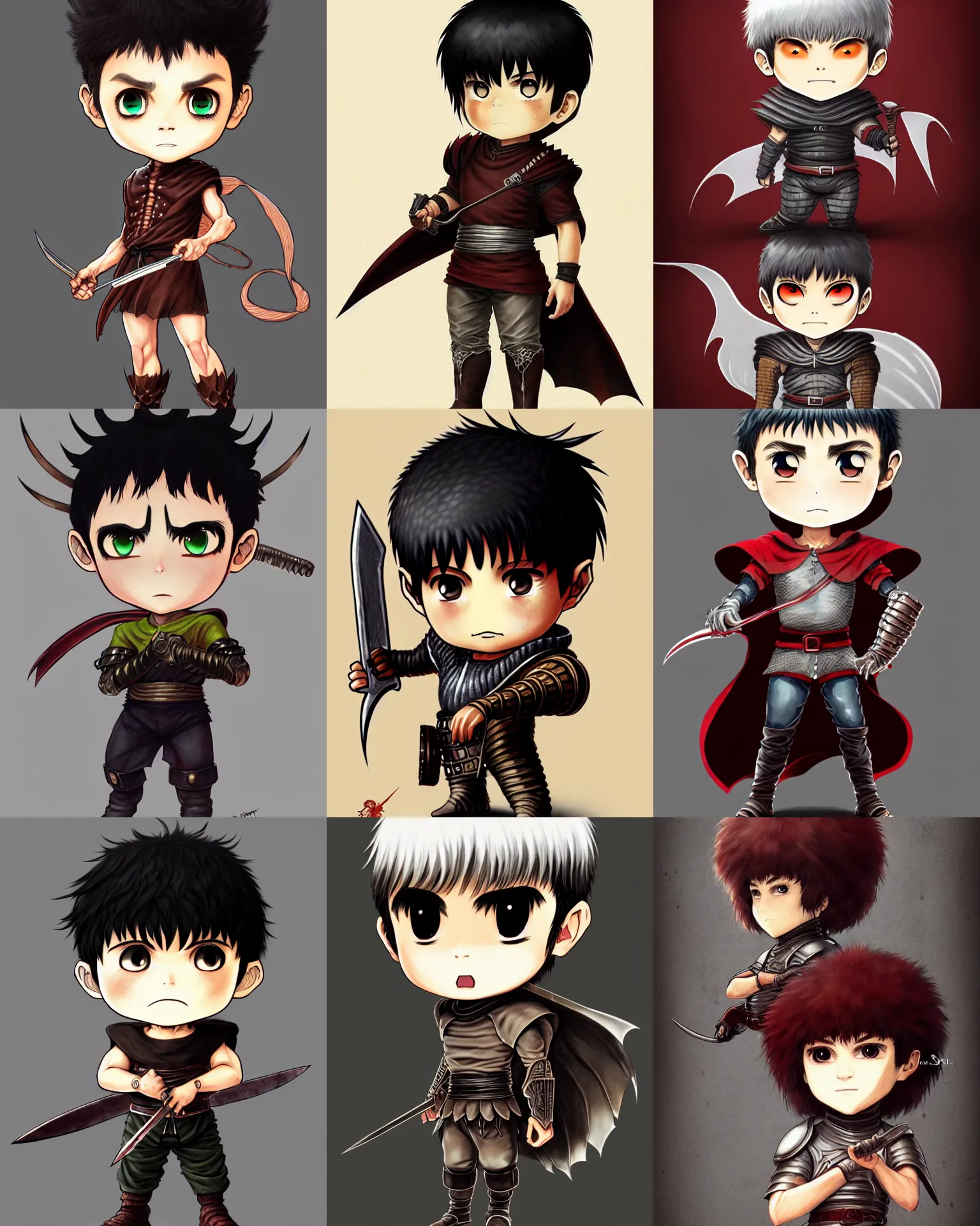 Prompt: character concept art of chibi guts from berserk | | distinct - fine, key visual, realistic shaded perfect face, fine details by stanley artgerm lau, wlop, rossdraws, james jean, andrei riabovitchev, marc simonetti, sakimichan, and jakub rebelka, trending on artstation