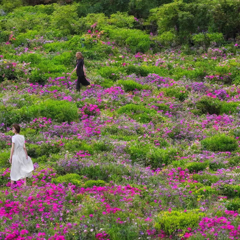 Image similar to 4k, highly detailed, sharp focus An elegant woman walks through a flower garden, far away you can see a city.