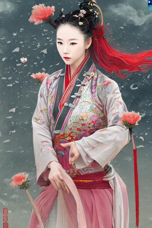 Prompt: portrait wuxia sword dance Girl, Chinese costume, in forbidden City Rainning, flowers sea everywhere, ssci-fi, fantasy, intricate, very very beautiful, elegant, highly detailed, digital painting, artstation, concept art, smooth, sharp focus, illustration, art by tian zi and WLOP and alphonse mucha