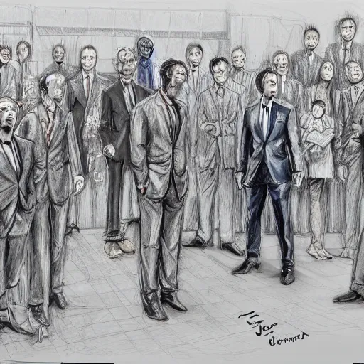 Image similar to highly detailed realistic sketch of UN members in suits yelling at a cyborg samurai, fear and anger in their eyes, colored , award winning , masterpiece on a scroll , post-processing