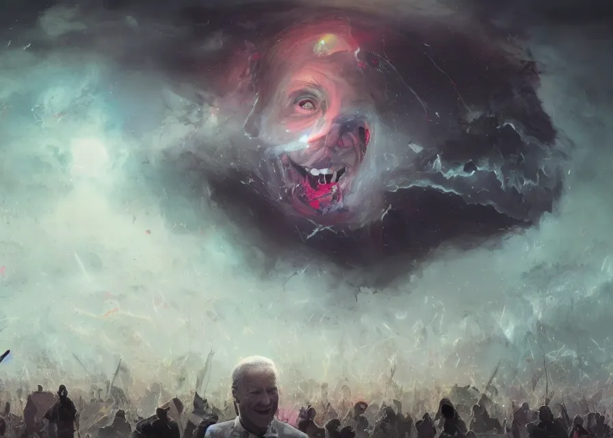 Image similar to large abstract painting of giant grinning evil dynamic low-opacity Joe Biden head emerging from cosmic clouds at giant immense crowd of person army, trending on ArtStation, masterpiece, by Greg Rutkowski, by Ross Tran, by Fenghua Zhong, octane, lightbeam eyes, soft render, clear facial features, oil on canvas,, moody lighting, lights beaming out of eyes, cinematic, professional environment concept art