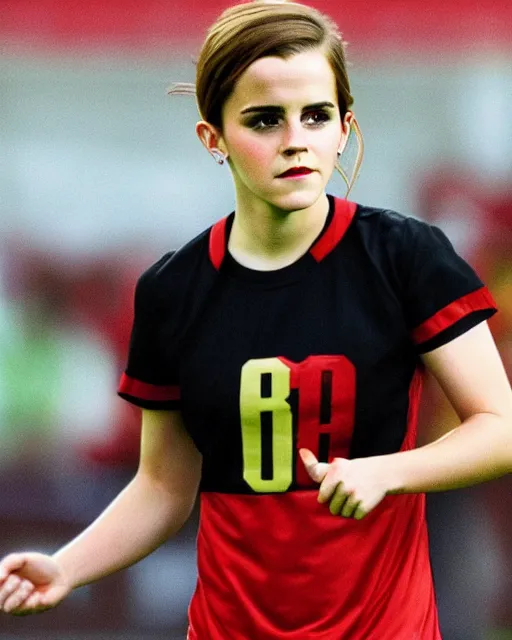 Image similar to a portrait of emma watson as a lokomotiv football player, hyper realistic