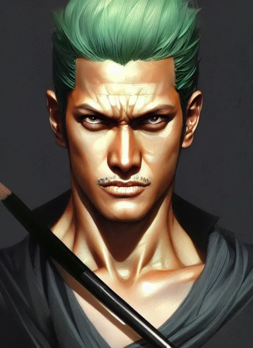 Image similar to ultra realistic illustration, handsome zoro. intricate, highly detailed, digital painting, artstation, concept art, smooth, sharp focus, illustration, art by artgerm and greg rutkowski and alphonse mucha and wlop