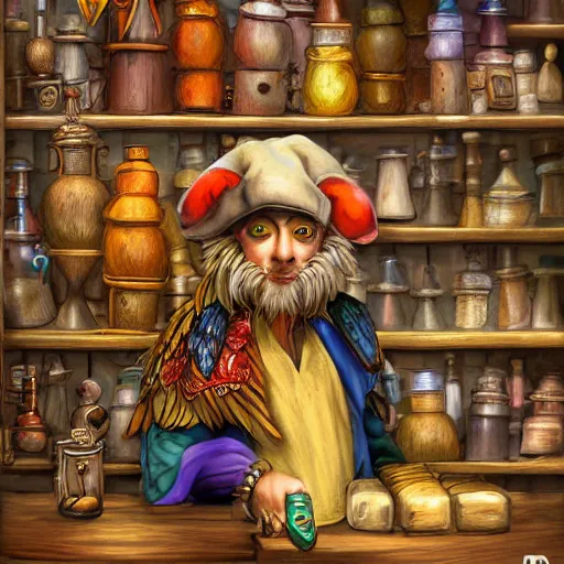 Prompt: MTG artwork of Anthro parrot trader in his shop, shelves full, selling a gem, portrait, items, magic potions, carpet, window, fancy funny hat, sly expression , cunning expression, cute expression, presenting magic gem, D&D, fantasy, cinematic lighting, highly detailed, digital painting, artstation, concept art, smooth, sharp focus, illustration, warm light, cozy warm tint, magic the gathering artwork, volumetric lighting, 8k, no gold, no gold colours, art by Akihiko Yoshida and Greg Rutkowski