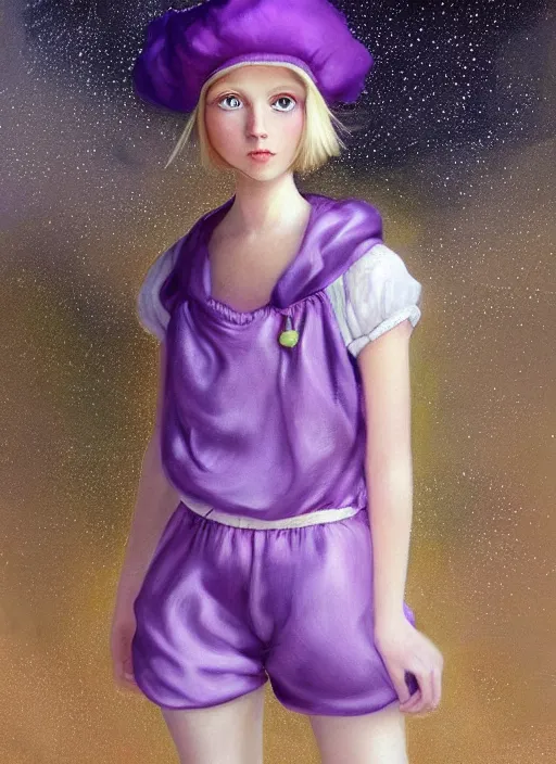 Prompt: A painting of a beautiful and mysterious young girl with short blond hair wearing an oversized purple Beret, Baggy Purple overall shorts, Short Puffy pants made of silk, silk shoes, a big billowy scarf, Golden Ribbon, and white leggings Covered in stars. Short Hair. Sunlit. Haute Couture. Dreamlike. Cloudscape. Fantasy Illustration. Art by william-adolphe bouguereau and Alexandre Cabanel and Anna Dittmann and WLOP and Artgerm and Johannes Helgeson. Smooth. Elegant. Highly Detailed. Intricate. Realistic fantasy illustration. 4K. UHD. Denoise.