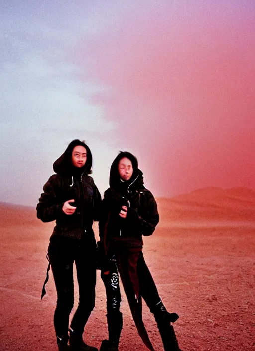 Image similar to cinestill 5 0 d photographic portrait of two loving female androids wearing rugged black techwear on a desolate plain with a red sky, extreme closeup, lizard on ground, cyberpunk style, in front of a brutalist dark metal facility, dust storm, 3 5 mm, 8 k, f / 3 2, high resolution, ultra realistic faces