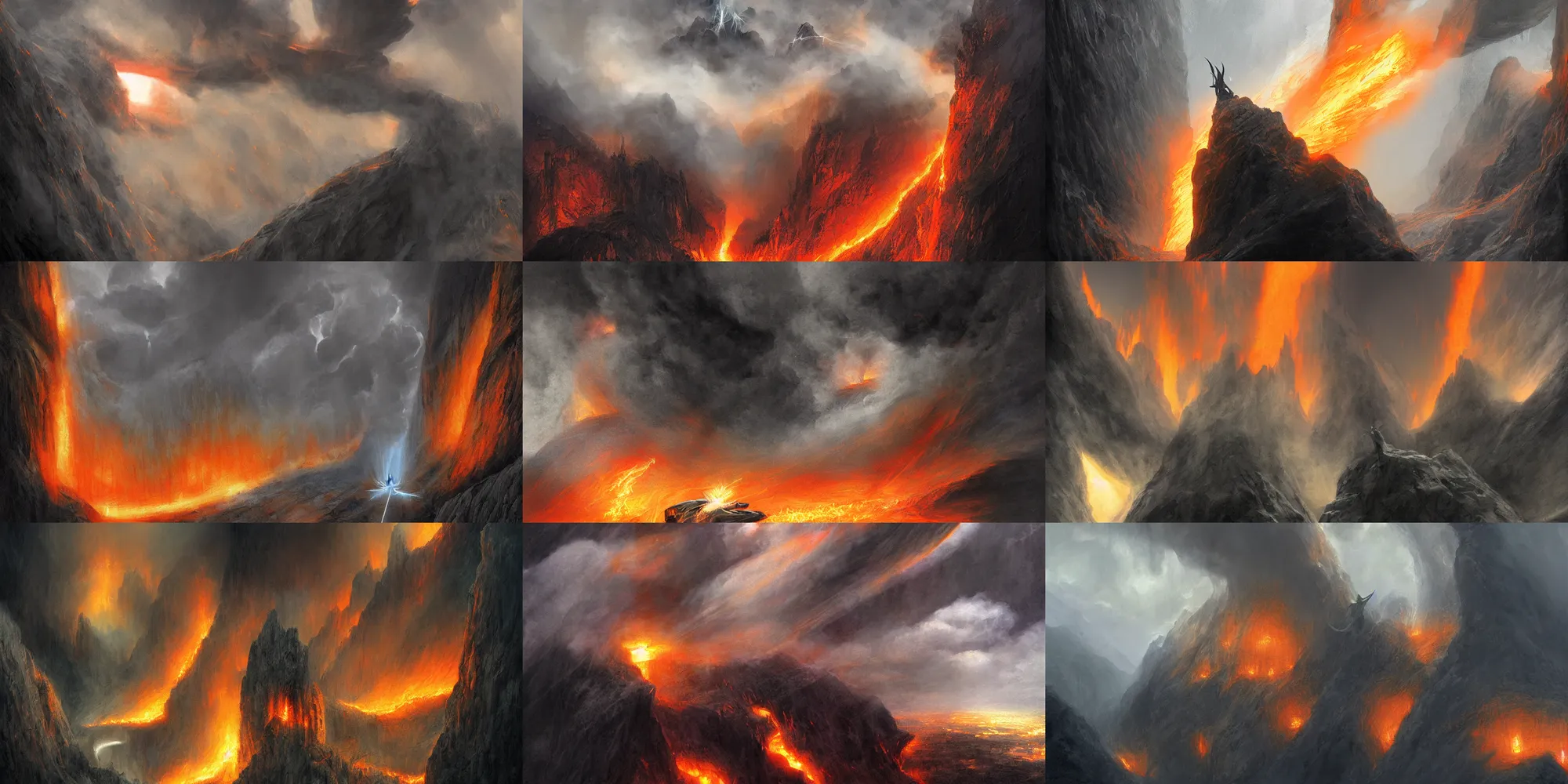Prompt: gandalf! flying down a black vertical tunnel side - lit by a billowing cloud of blinding orange flame and pitch black smoke by alan lee, intricate, detailed, god - rays pierce the smoke, panoramic, digital painting, artstation