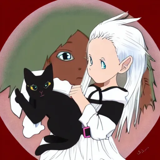 Prompt: an elf girl with white hair snuggles with a black cat, anime key, studio ghibli