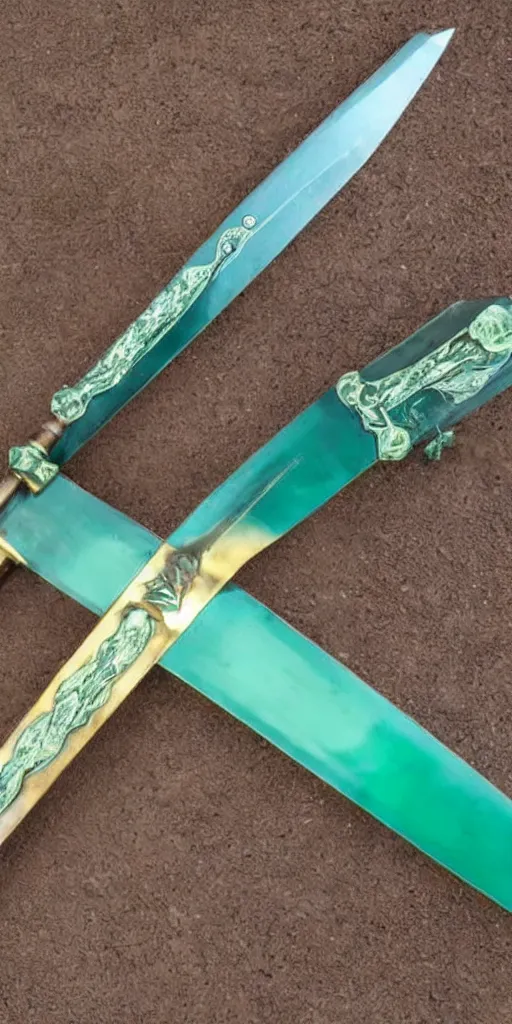 Image similar to photograph of a wide green and teal crystal sword blade attached to a big gold sword hilt