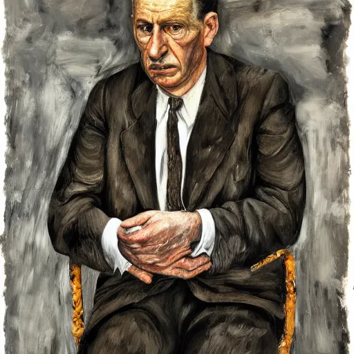 Prompt: Full length portrait of a mafia boss, by Lucian Freud, high textures, empasto paint texture, cinematic, sombre, moody, melancholic, plain background, gray monochromatic pallette, highly realistic, thick brushwork, impressionist brushstrokes