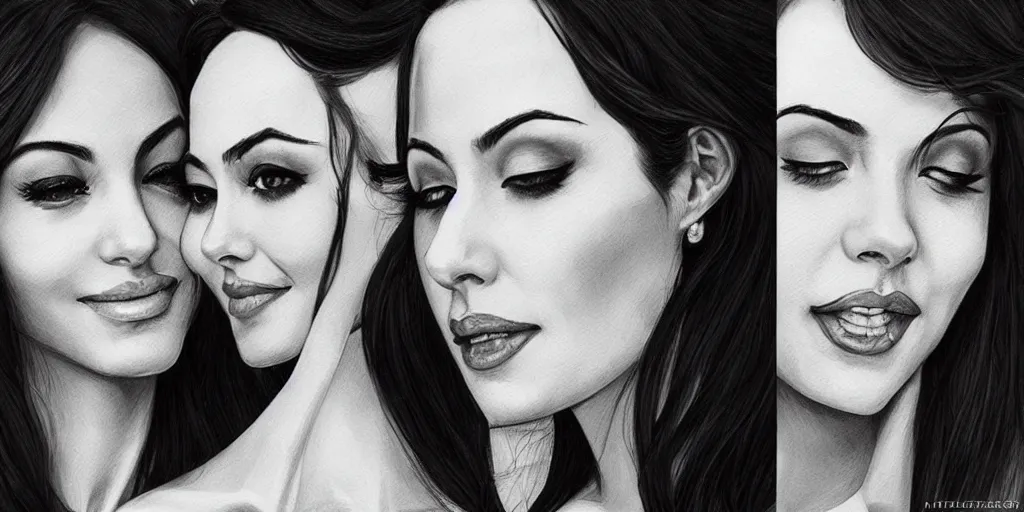 Image similar to Angelina and Margot are getting married, wedding couple portrait by Artgerm