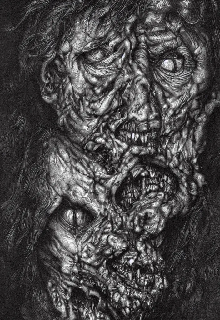 Image similar to extreme closeup portrait of a zombie face made of people, creepy atmosphere, dark, portrait, very realistic, illustration by gustave dore